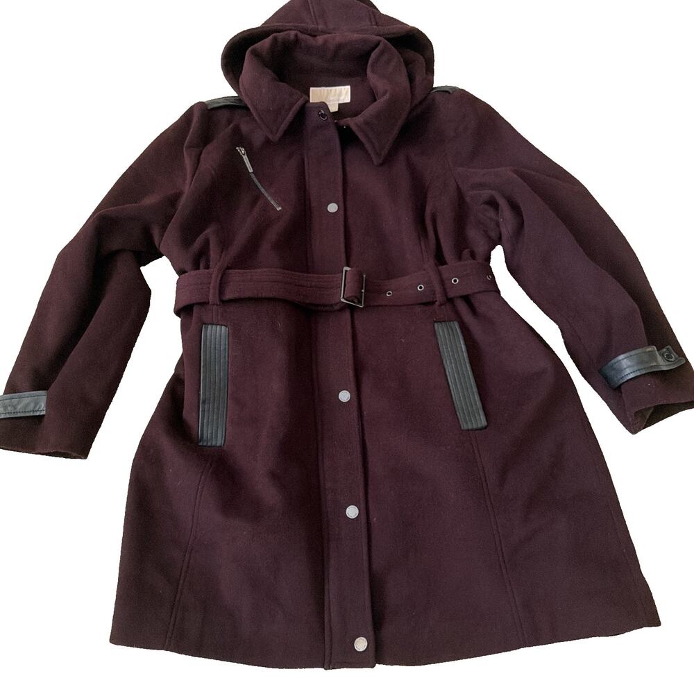 MICHAEL Kors Belted Wool Coat Women’s Plus 1X Removable Hood Mid Length Winter